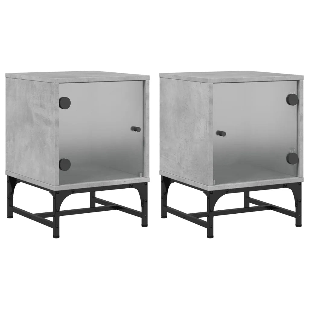 Set di 2 Comodini | Armadio da Notte | Mobiletto da notte con Ante in Vetro Grigio Cemento 35x37x50 cm