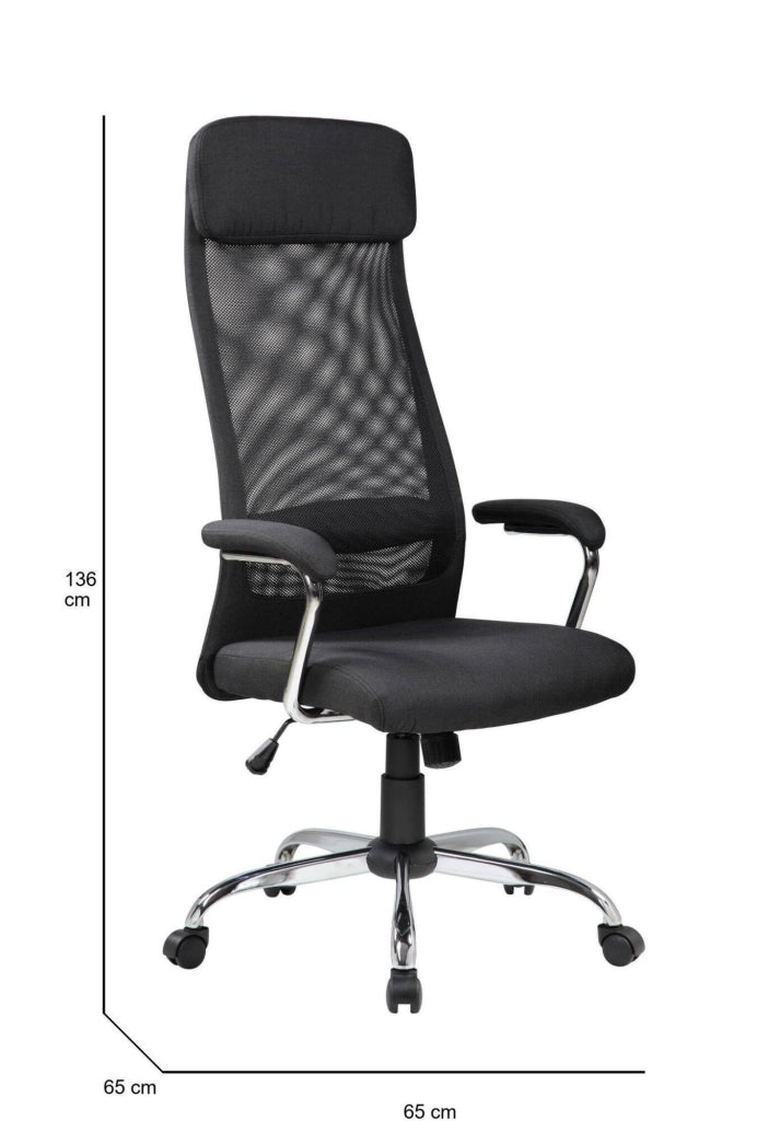 Sedia da ufficio Umeno, Poltrona presidenziale con braccioli, Sedia ergonomica da ufficio, 65x65h126/136 cm, Nero
