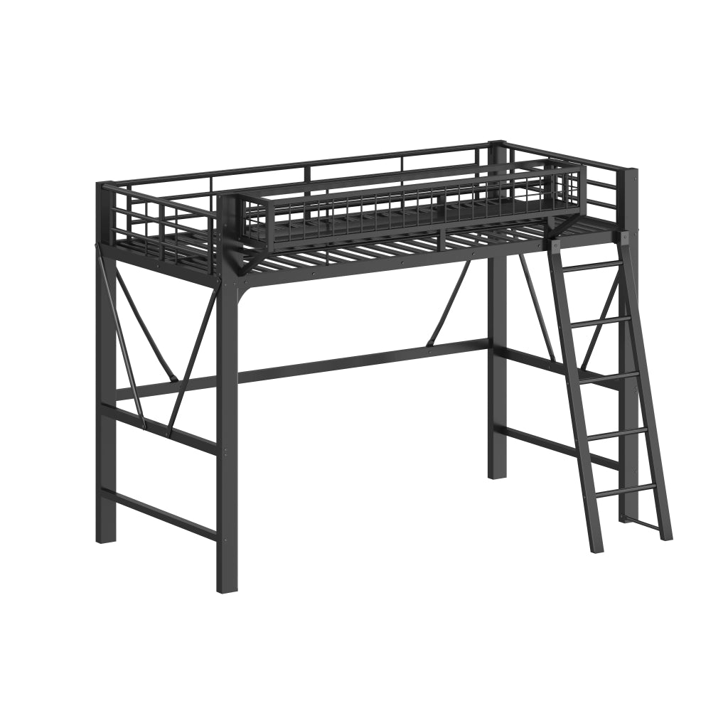 Letto a Soppalco 90x200 cm; LED; Cestello Portaoggetti; in Metallo; Nero