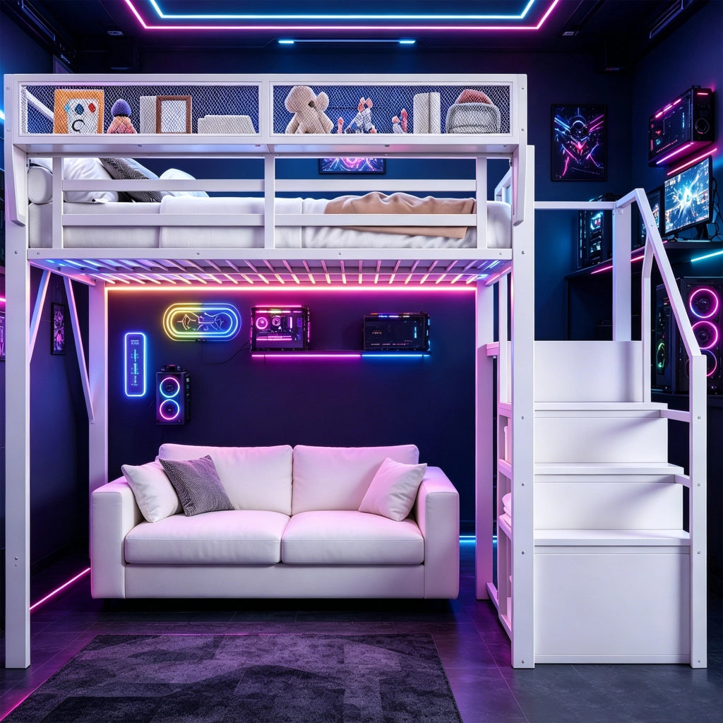 LETTO a soppalco 140x200 cm in metallo bianco con LED