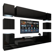Set di mobili da soggiorno neri sospesi collezione CEPTO XIV. 256cm, 10 mobili, 10 porte, led.
