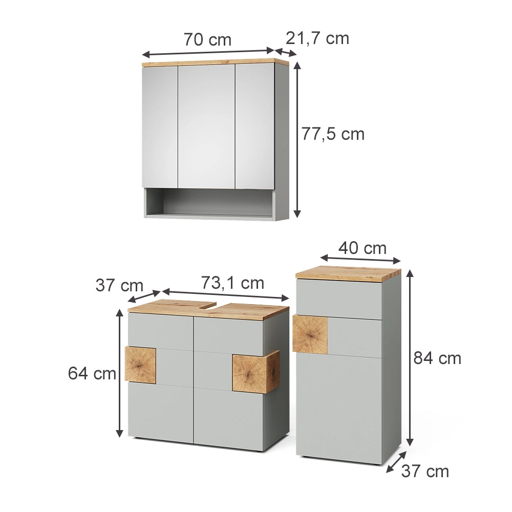 Vicco Set di mobili da bagno Grigio 3 parti