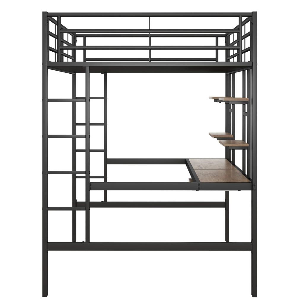 Letto a soppalco in metallo con scrivania e due scaffali, struttura robusta 140x200 cm colore nero