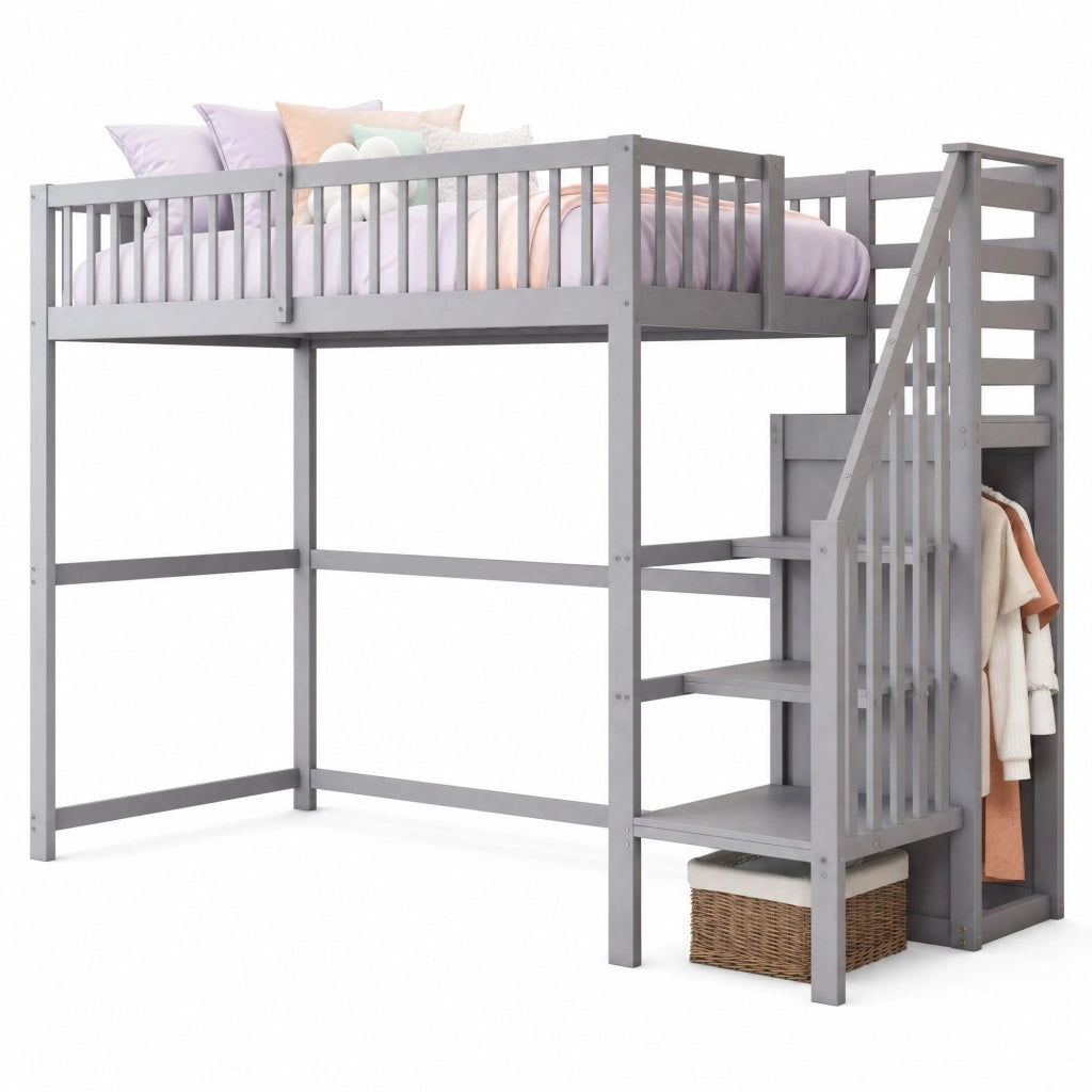 Letto a soppalco 90 × 200 cm con scala e armadio integrato in legno grigio