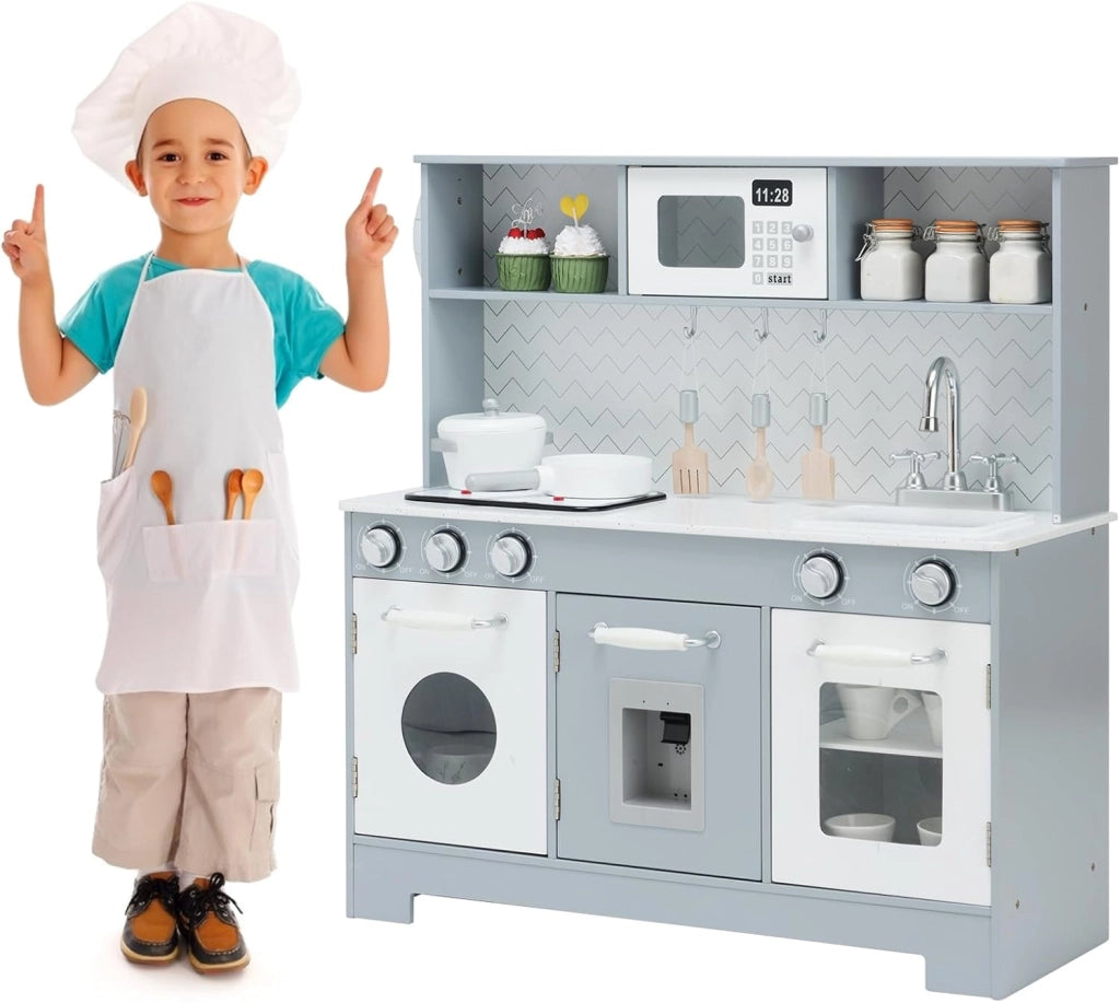 Cucina Giocattolo per Bambini, Cucina per Bambini in Legno con Forno, Microonde, Telefono, Distributore d'Acqua, Lavello e Rubinetto, con Luci e Suoni Realistici, per bambini 3+ Anni