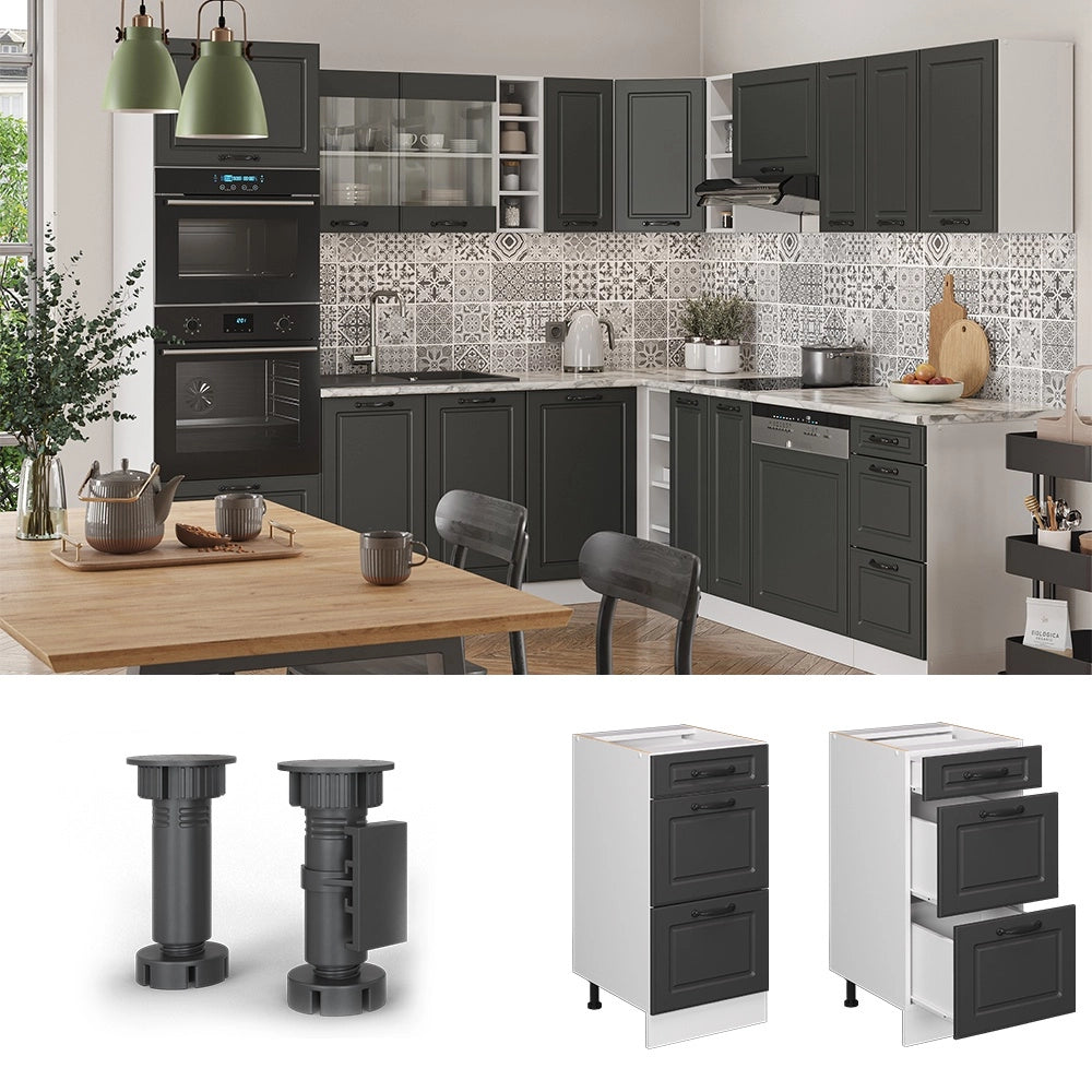 Mobiletto base per cucina R-Line Antracite rustico/Bianco 40 cm con cassetti, senza piano di lavoro Vicco