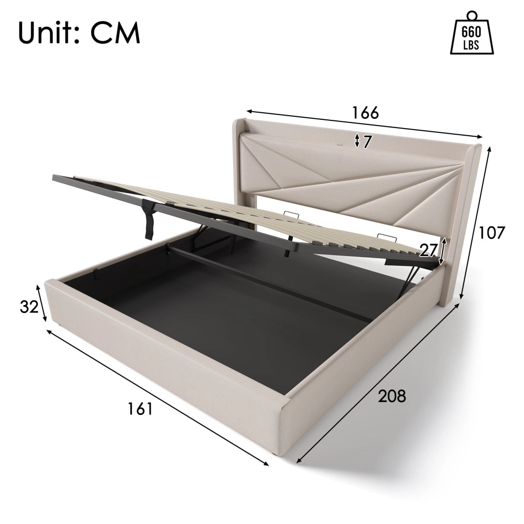 Letto matrimoniale contenitore 160x200 cm in cotone e lino beige con USB e Tipo C