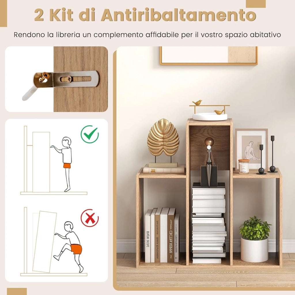 Libreria a Forma Convessa, Scaffale Aperto a 3 Ripiani in Legno, Scaffale da Esposizione con Dispositivo Antiribaltamento, per Soggiorno Ufficio Camera da Letto