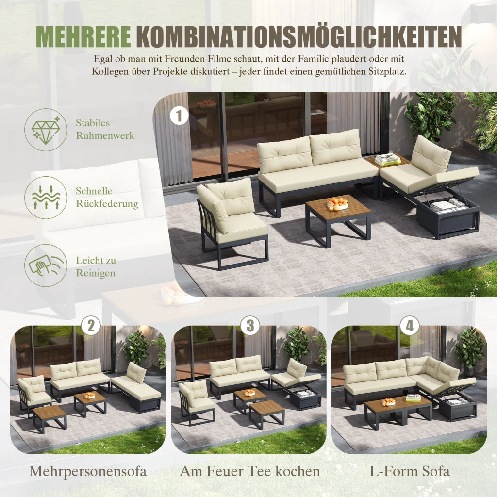 OKWISH Set mobili da giardino divano modulare con tavolino e vano contenitore in poliestere beige