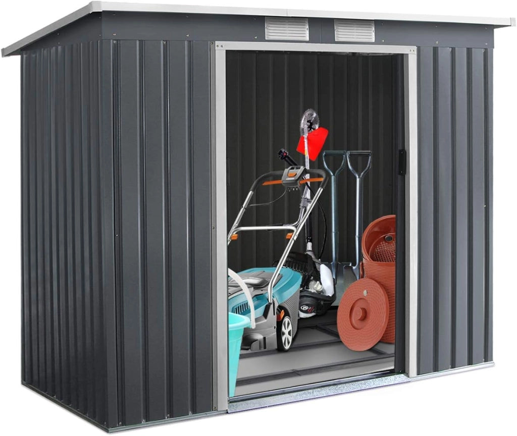 Capanno per Attrezzi, Casetta da Giardino, Capanno in Lamiera, Box da Giardino con Falda, Mobile Capanna, Ripostiglio da Giardino, con 2 Porte Scorrevoli, 2 Finestre, Grigio 213x130x173 cm