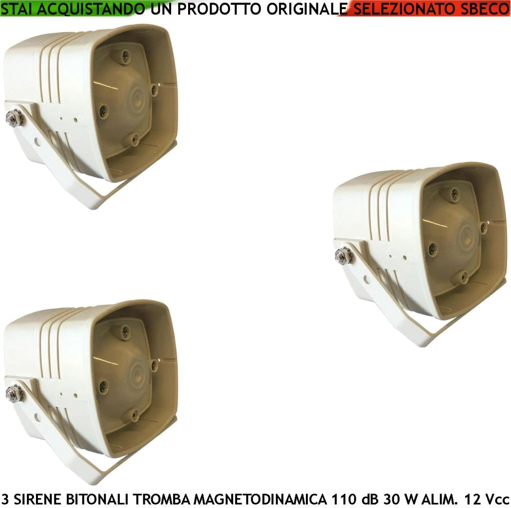 Sirena Esponenziale Magnetodinamico 3 Pezzi Acustica 110 dB Potenza 30 W Bitonale A/B 1500+/-4000 Hz Alimentazione 12 Vcc 2 Fili Polarizzati Staffa Fissaggio Assorbimento 1 A Contenitore ABS IP65