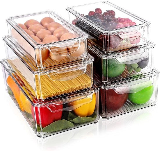Organizzatore per frigorifero, set di 6 contenitori di archiviazione, frigorifero con coperchio, contenitori di archiviazione trasparenti, ripiegabile, contenitore di archiviazione per frigorifero per armadietti della cucina