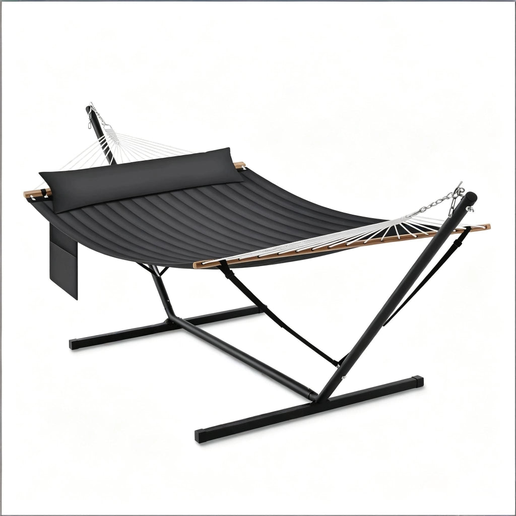Amaca doppia con supporto in metallo antracite 200x140 cm da interno ed esterno con cuscino e tasca laterale
