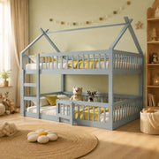 DESMIU Letto a castello bambino 140 × 200 cm 2 posti con scala, sponda, senza materasso, in legno, grigio