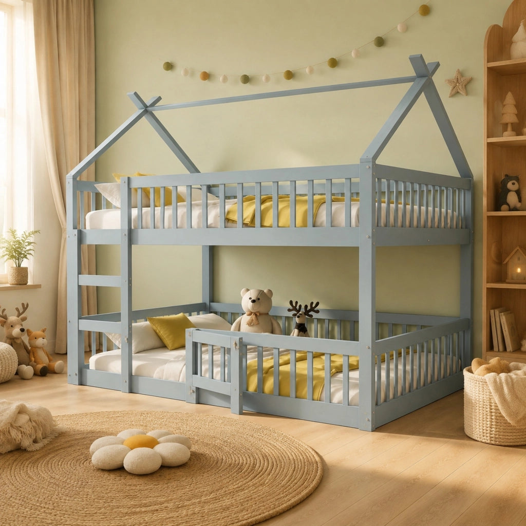 DESMIU Letto a castello bambino 140 × 200 cm 2 posti con scala, sponda, senza materasso, in legno, grigio