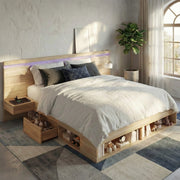 Letto matrimoniale 180 × 200 cm con contenitore, USB e Type-C, LED, 2 comodini integrati, senza materasso, MDF, naturale
