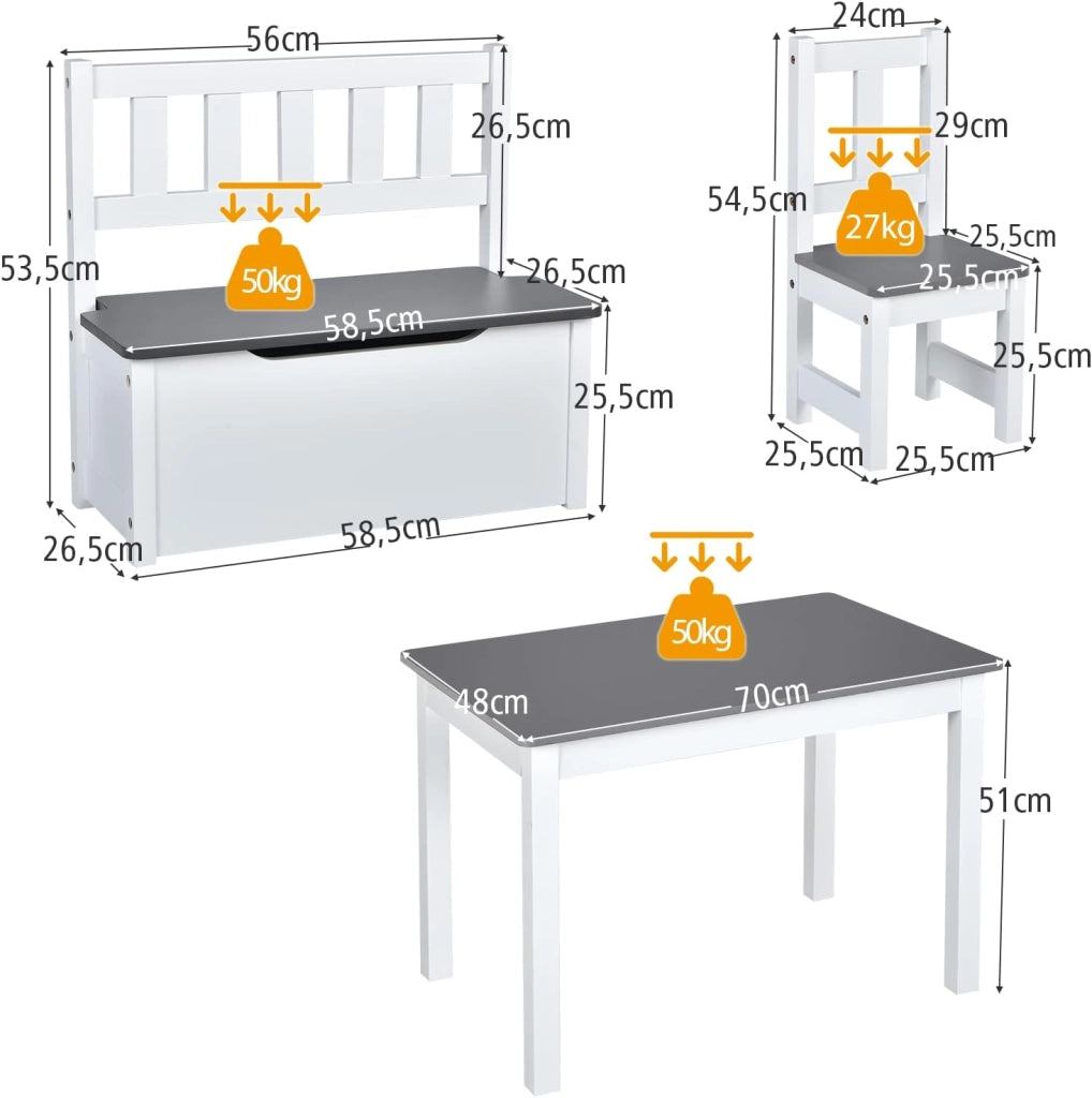 Set 4 Pezzi Tavolo e Sedie per Bambini, Set Tavolo Attività di Legno 2 in 1 per Bambini con 2 Sedie e 1 Panca, Per Bambini per Giocare Disegnare Leggere e Mangiare (Grigio)