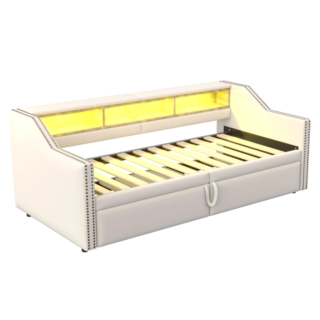 Letto imbottito estraibile matrimoniale 90×200 cm e 180×200 cm con ripiani; USB; LED; rete; senza materasso; beige