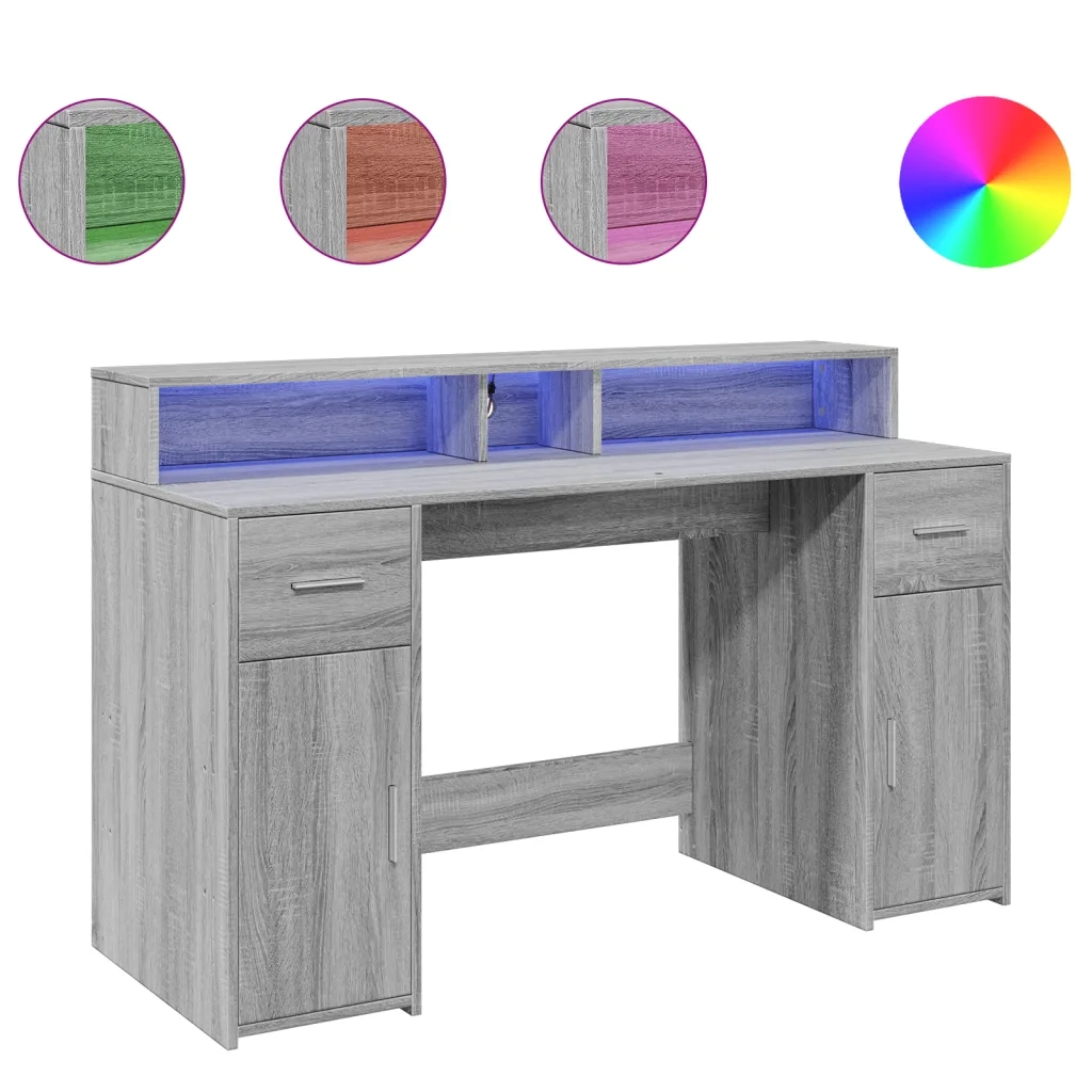 Scrivania con Luci LED Grigio Sonoma 140x55x91cm in Multistrato