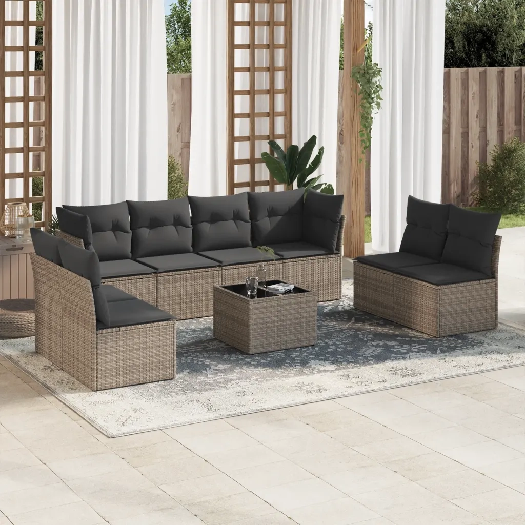 Set Divano da Giardino 9 pz con Cuscini Grigio in Polyrattan 3217460