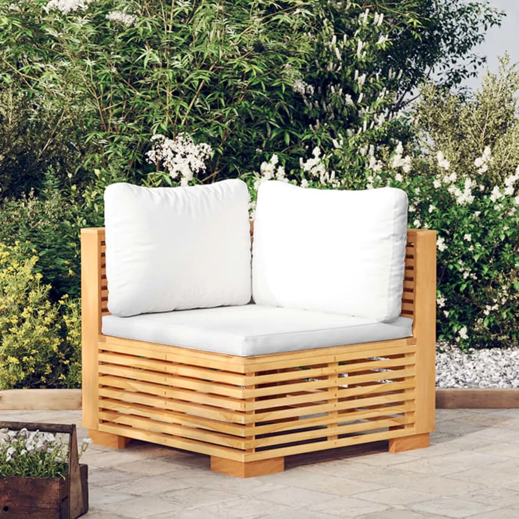 Divano Angolare da Giardino con Cuscini-Sofa da Giardino-Divanetto da esterno Crema Massello di Teak