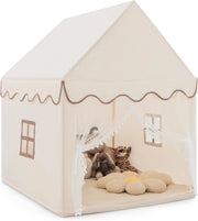 Tenda da Gioco per Bambini, Casetta per Bambini con Struttura in Solido Legno, Tappetino di Cotone, Tenda a Rete e Finestre, 105x120x140 cm (Beige)