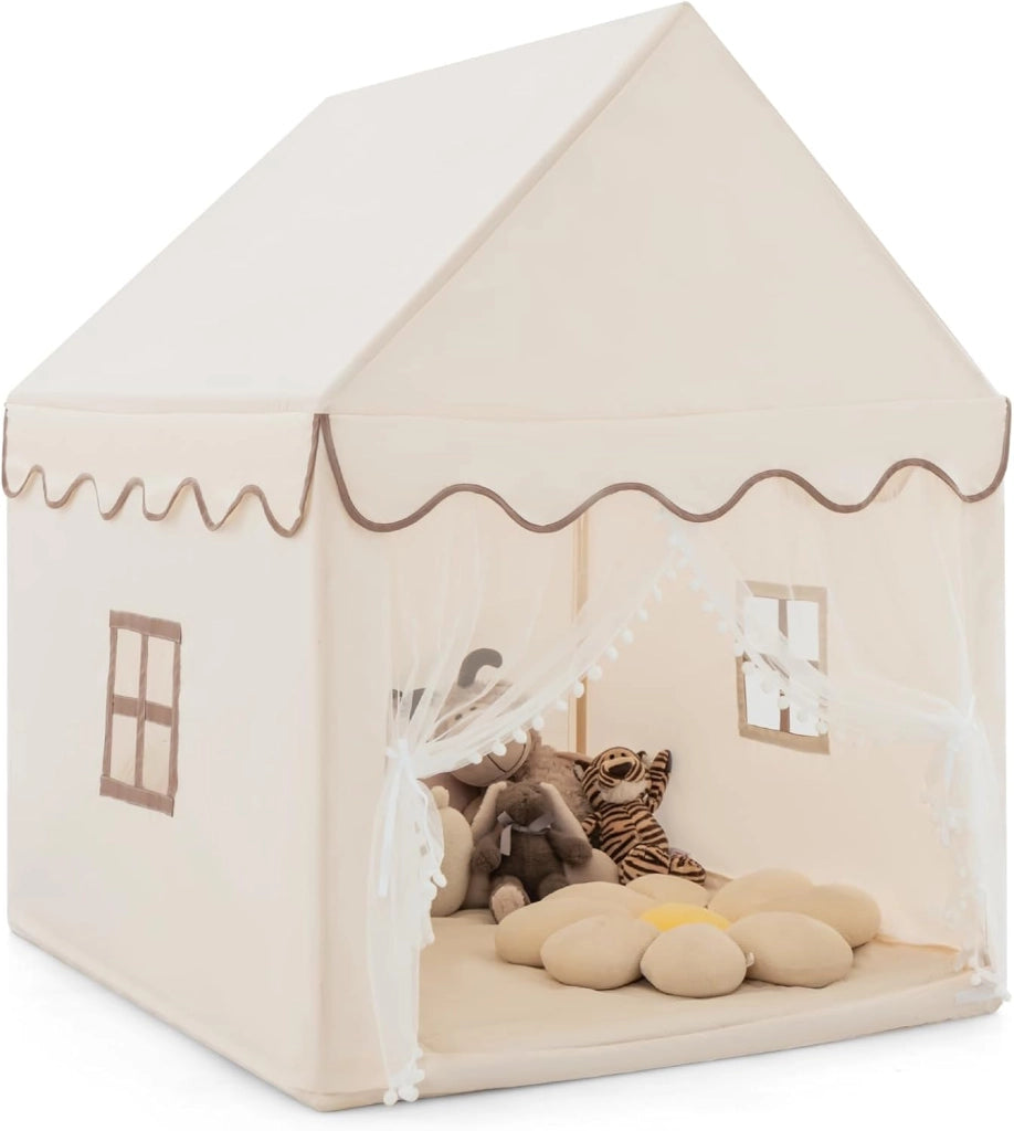 Tenda da Gioco per Bambini, Casetta per Bambini con Struttura in Solido Legno, Tappetino di Cotone, Tenda a Rete e Finestre, 105x120x140 cm (Beige)