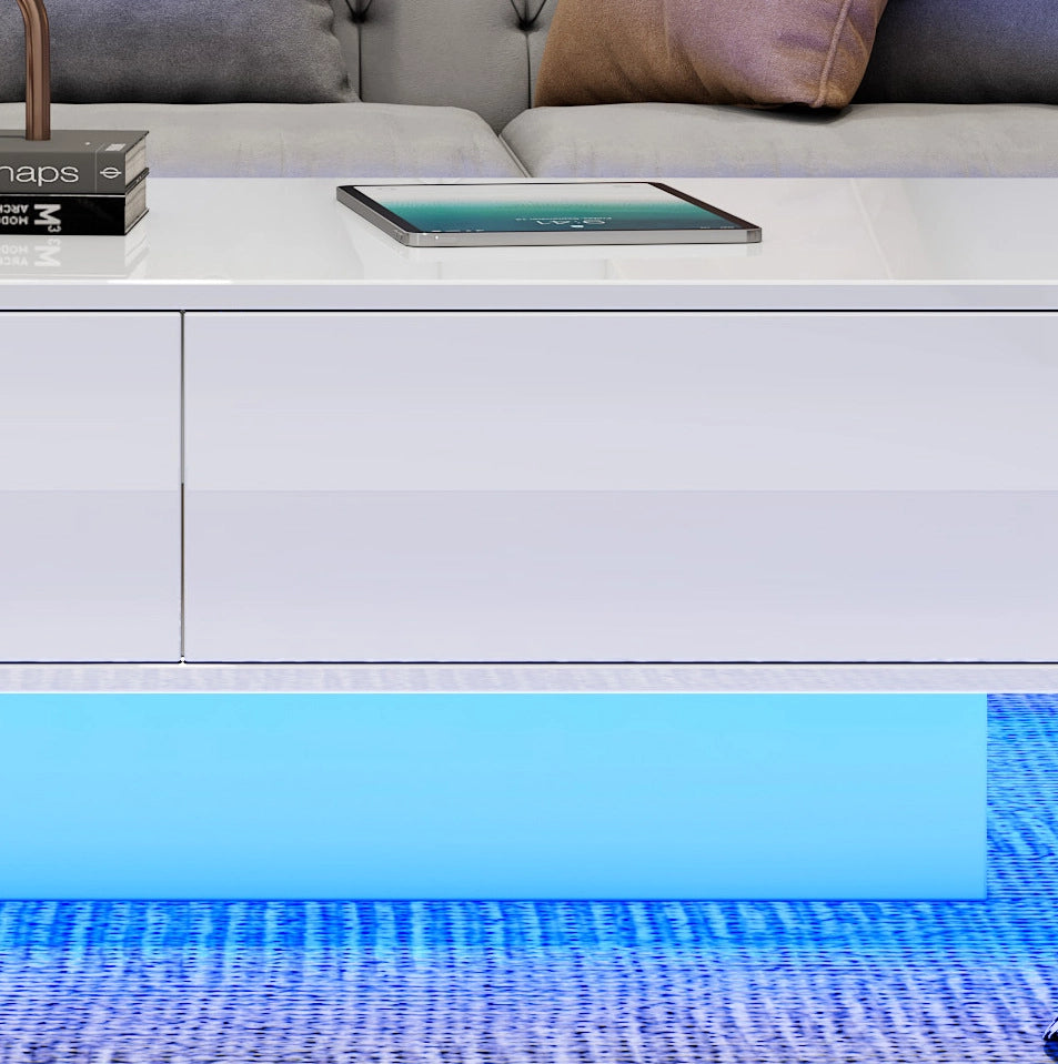 Tavolino da caffè bianco lucido 115 x 55 x 34 cm con 2 cassetti e LED
