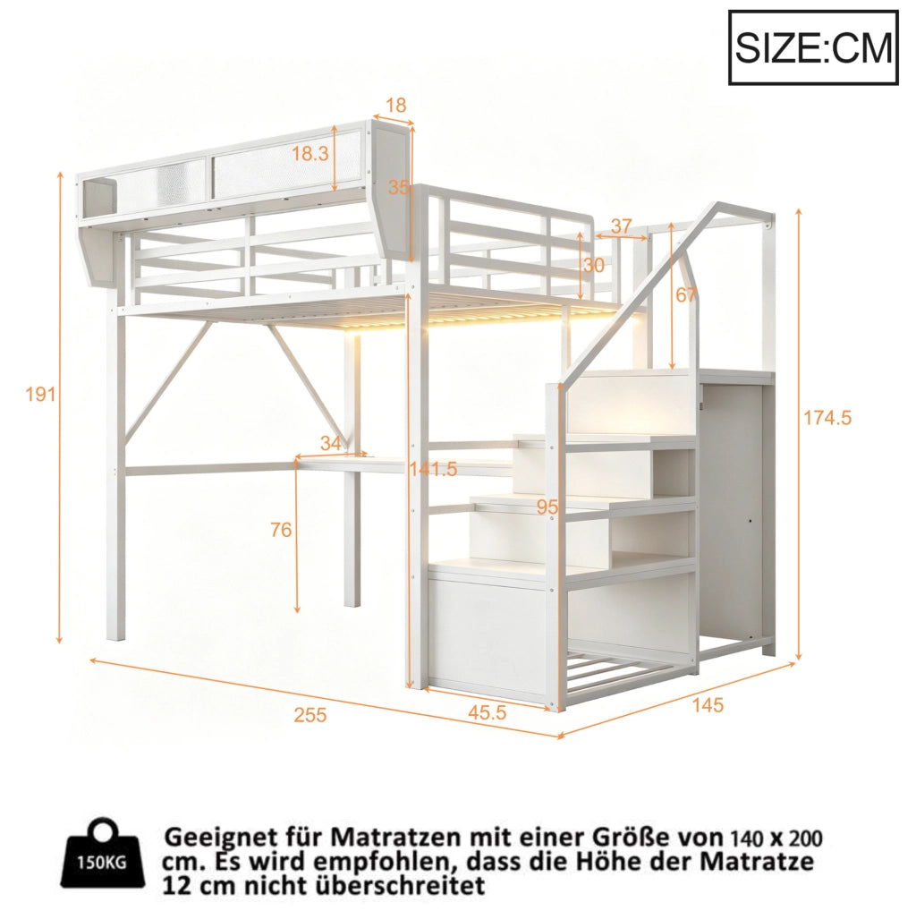 Letto a soppalco 140x200 cm in metallo con scrivania; striscia LED; scala e ripiani; bianco