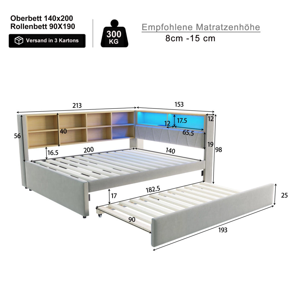 Divano letto multifunzione con letto estraibile, LED e vani contenitivi