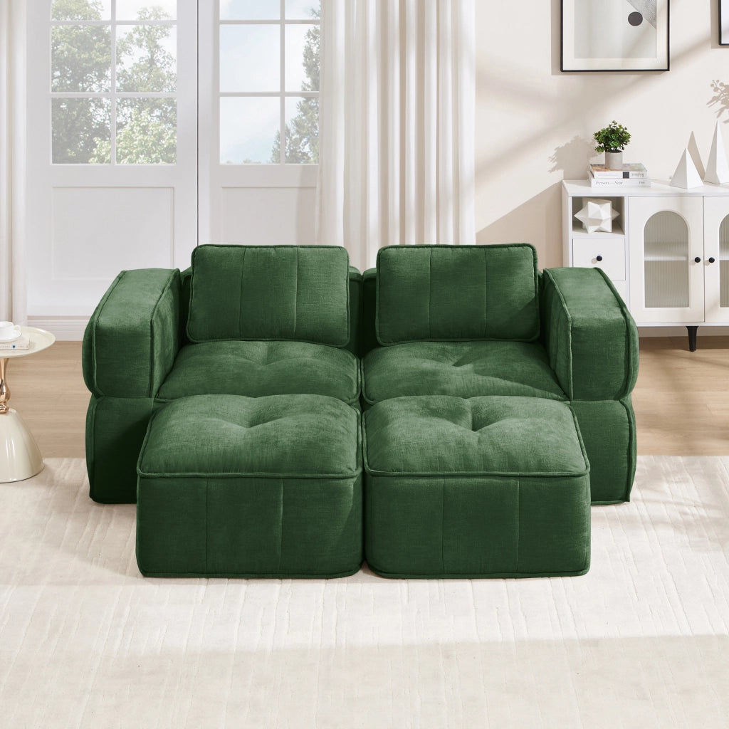 Divano modulare 2 posti con pouf e seduta profonda in poliestere verde