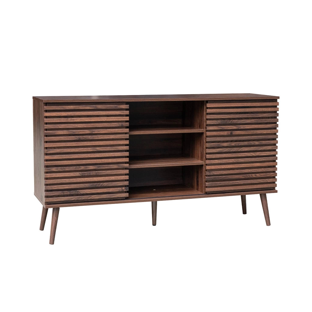 Credenza scandinava in legno con 2 ante scorrevoli scanalate, 140cm,