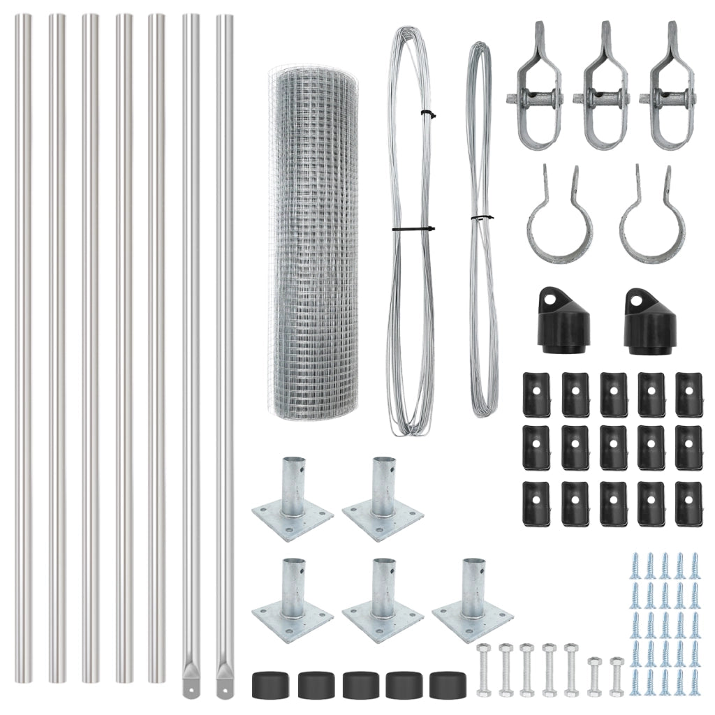 Recinzione in Rete Saldato con 7 Pali a Flangia 0.6x10 m Acciaio Galvanizzato