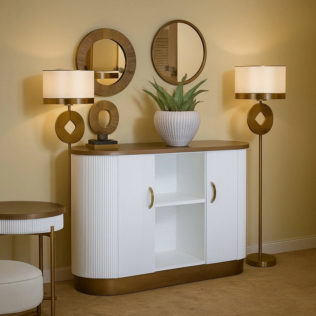 Credenza Ferrule, Buffet da soggiorno, Madia da salotto, Dispensa da cucina, 121x41 h90 cm, Bianco e Marrone