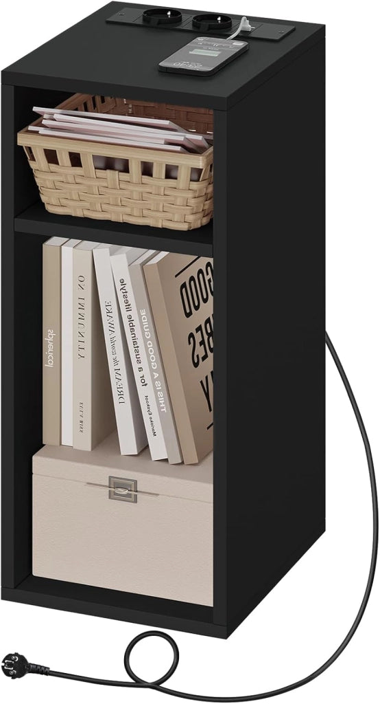 2 pezzi Comodino con Prese e Porte USB, Comodino per Camera da Letto Stretto, Comodino Salvaspazio con 2 Scomparti Aperti, per Soggiorno, Cameretta, in Legno, 25x30x60cm, NTS06ws