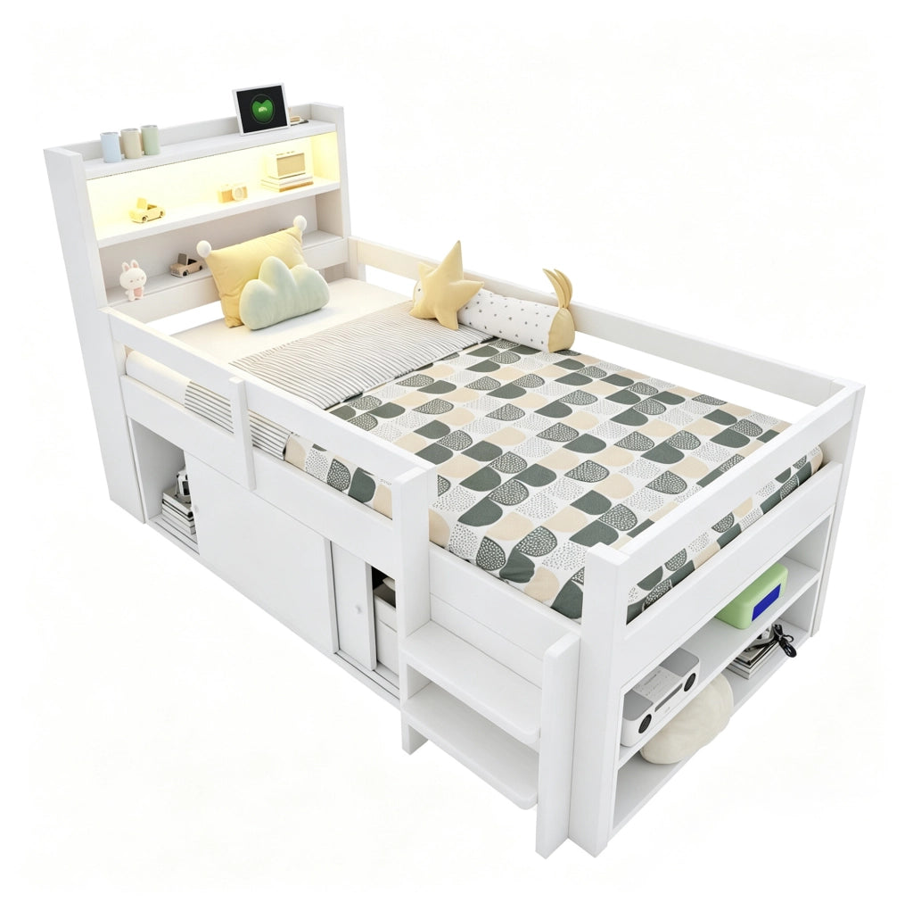 Letto multifunzione per bambini 90x200 cm in legno bianco con LED; USB e vani contenitore