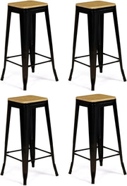 Set di 4 sgabelli da bar LENY in metallo nero opaco impilabili con sedile in legno