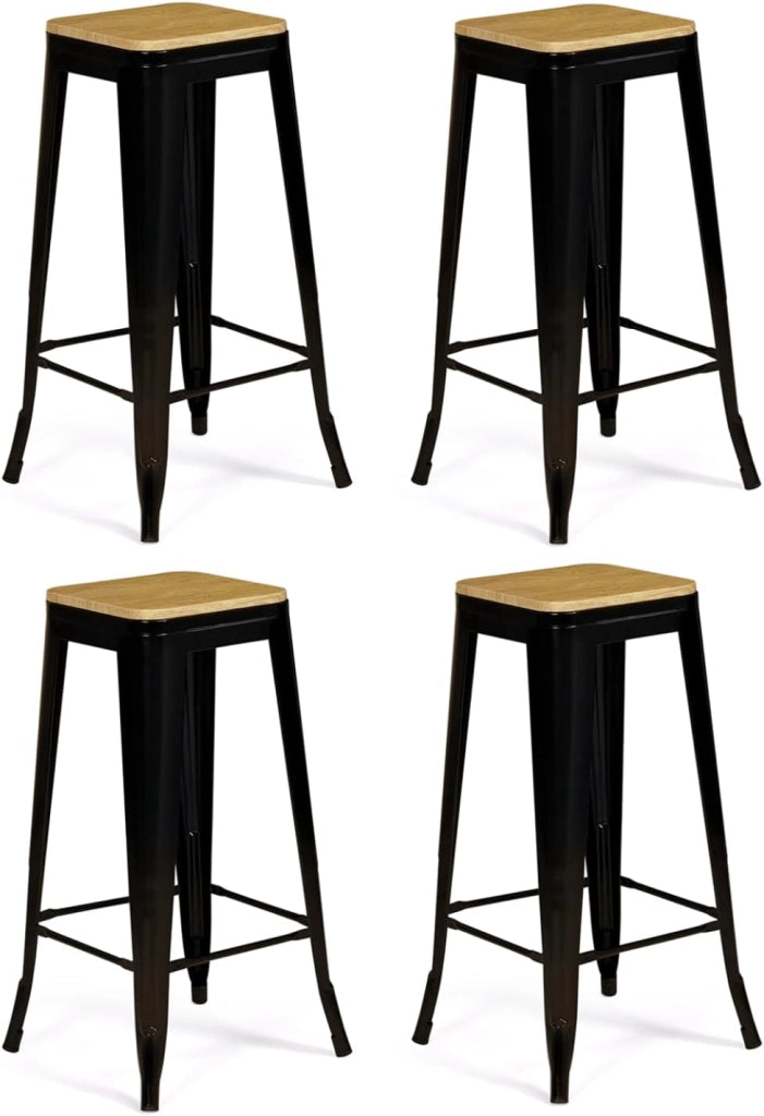 Set di 4 sgabelli da bar LENY in metallo nero opaco impilabili con sedile in legno