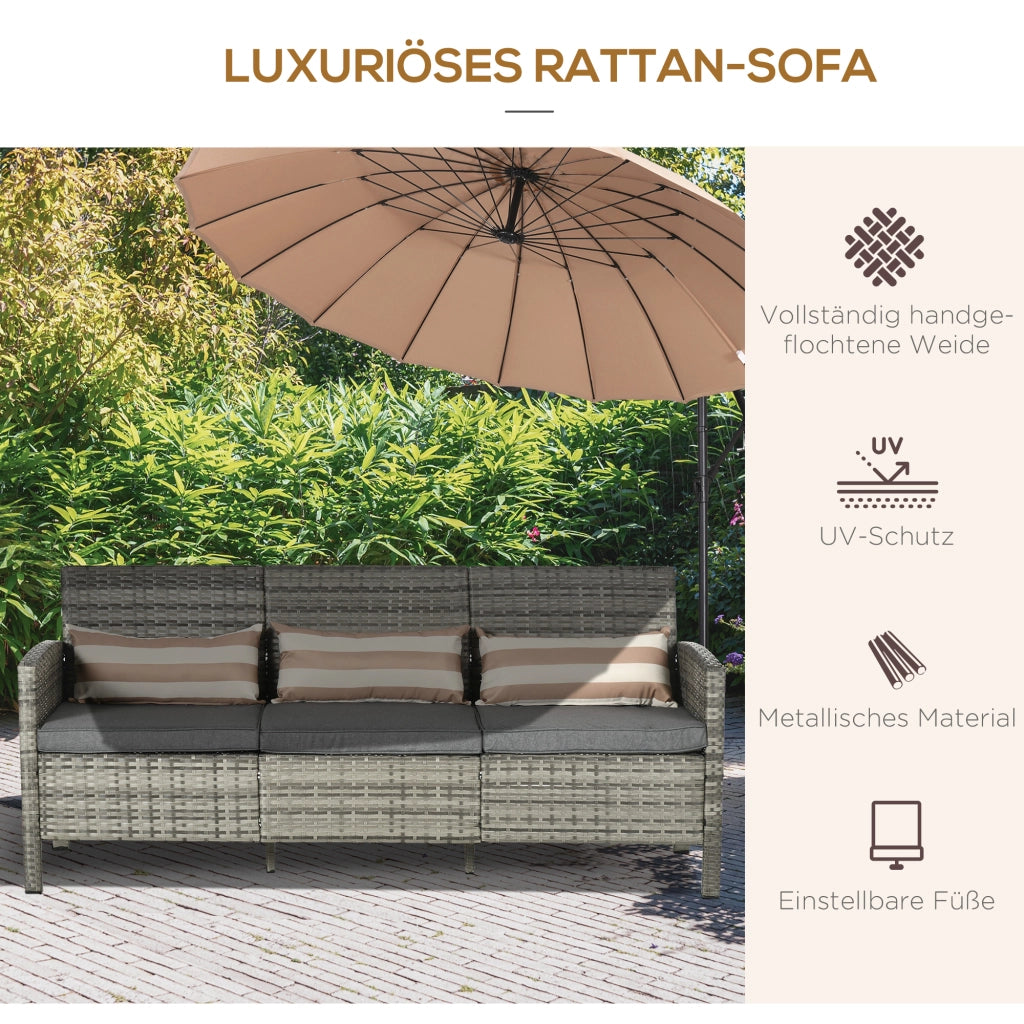 Divano 3 posti in rattan con cuscini ¨C Minimal ¨C grigio, acciaio, 173x68x78 cm