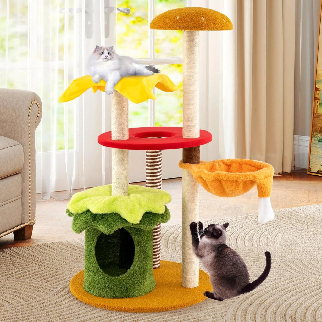 Albero per Gatti 117 cm, Tiragraffi per Gatti a Tema Hamburger con Letto a Cestino Sospeso, Condominio, Trespolo Imbottito, Tiragraffi in Sisal, Cuscini Peluche e Giocattolo Sospeso