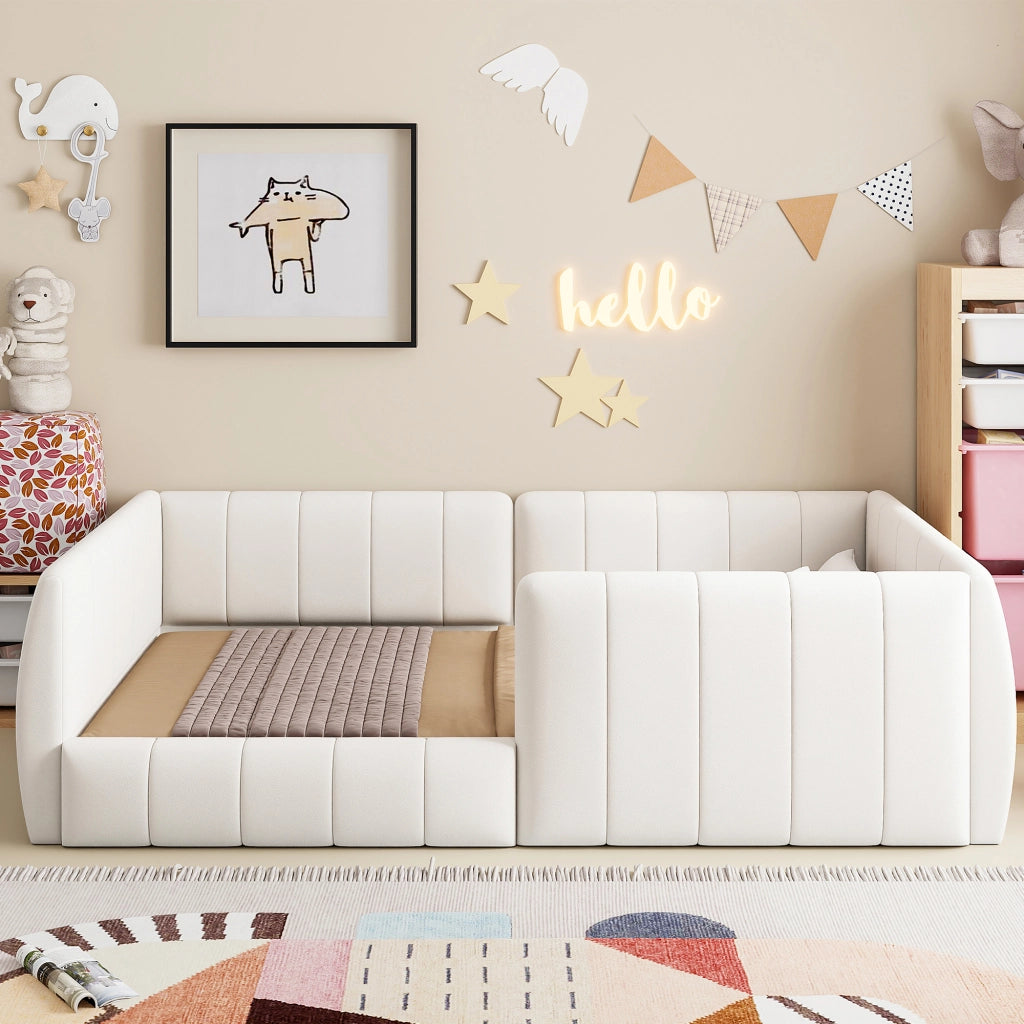 Letto imbottito con piattaforma e sponde di sicurezza - Zephmum- 90x200- Beige