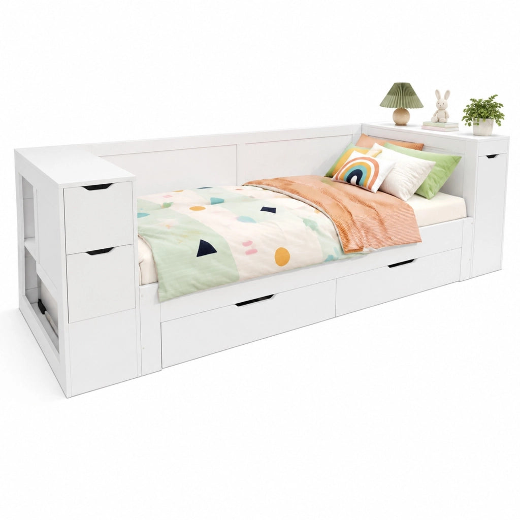 Letto bambini multifunzione 90x200 cm in MDF bianco con cassetti; ripiani e comodino