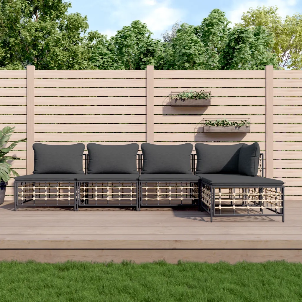 Set Divani da Giardino 5 pz | Set Salotto da Giardino con Cuscini Antracite in Polyrattan