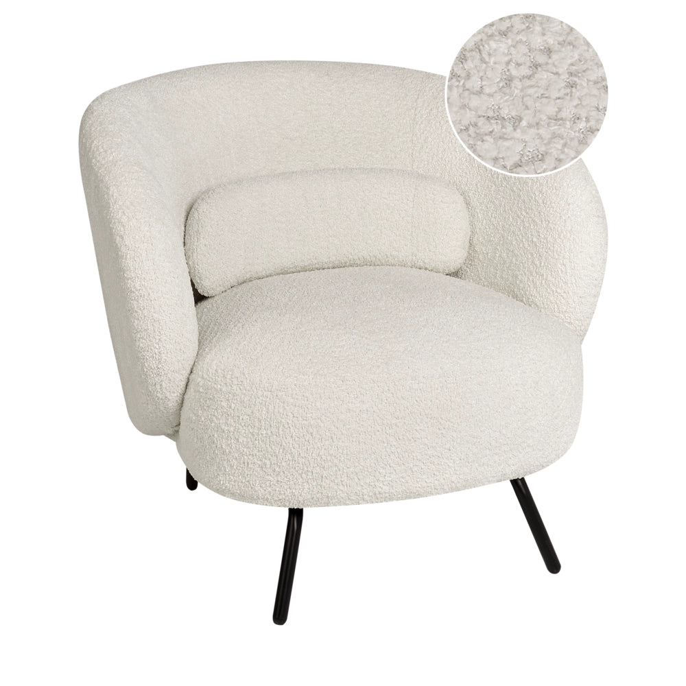 Poltrona Tessuto Boucle Bianco Morbido Nubby Gambe Nere Schienale Curvo Stile Retro Glam Art Decor