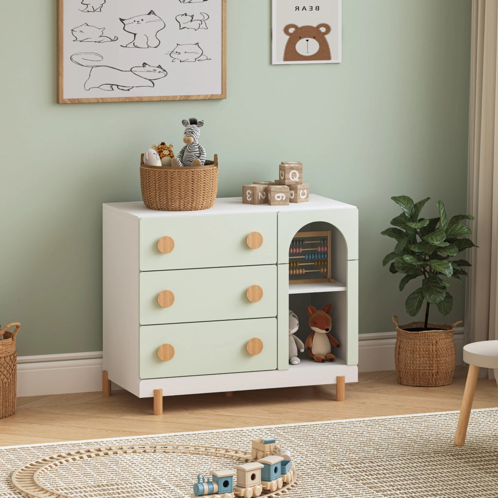 Cassettiera Vaarentaa per Cameretta con 3 Cassetti e 2 Vani Aperti 79x41x66 cm - Bianco/Verde Menta [en.casa]