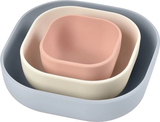 Set di Cucina per Bambini 3 Pezzi - Silicone - Stacking e Ergonomico - Grigio Velluto, Cotone, Rosa Panna