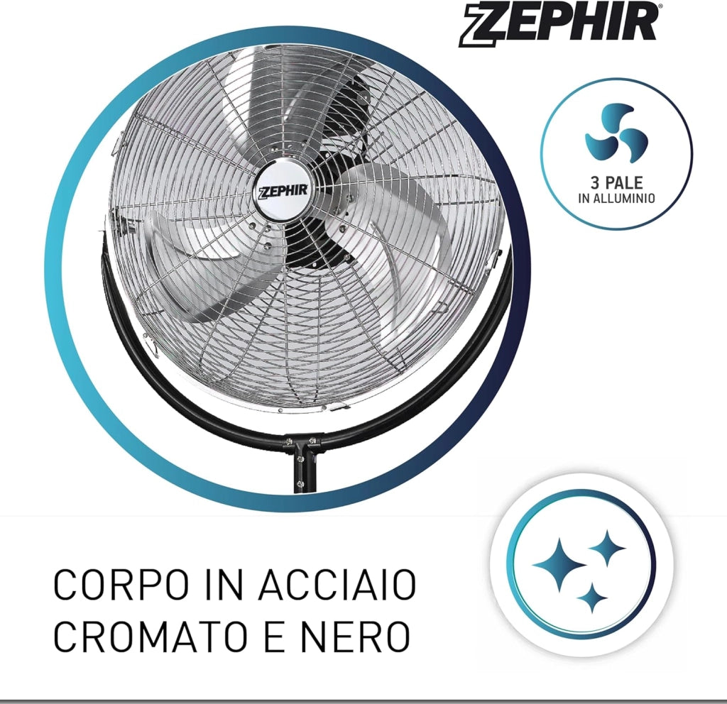 Zephir Ventilatore a Piantana Cromato 50 cm con Pale, 120W, 3 Velocità, Oscillazione Automatica, Altezza Regolabile 150 cm, Silenzioso per Grandi Ambienti
