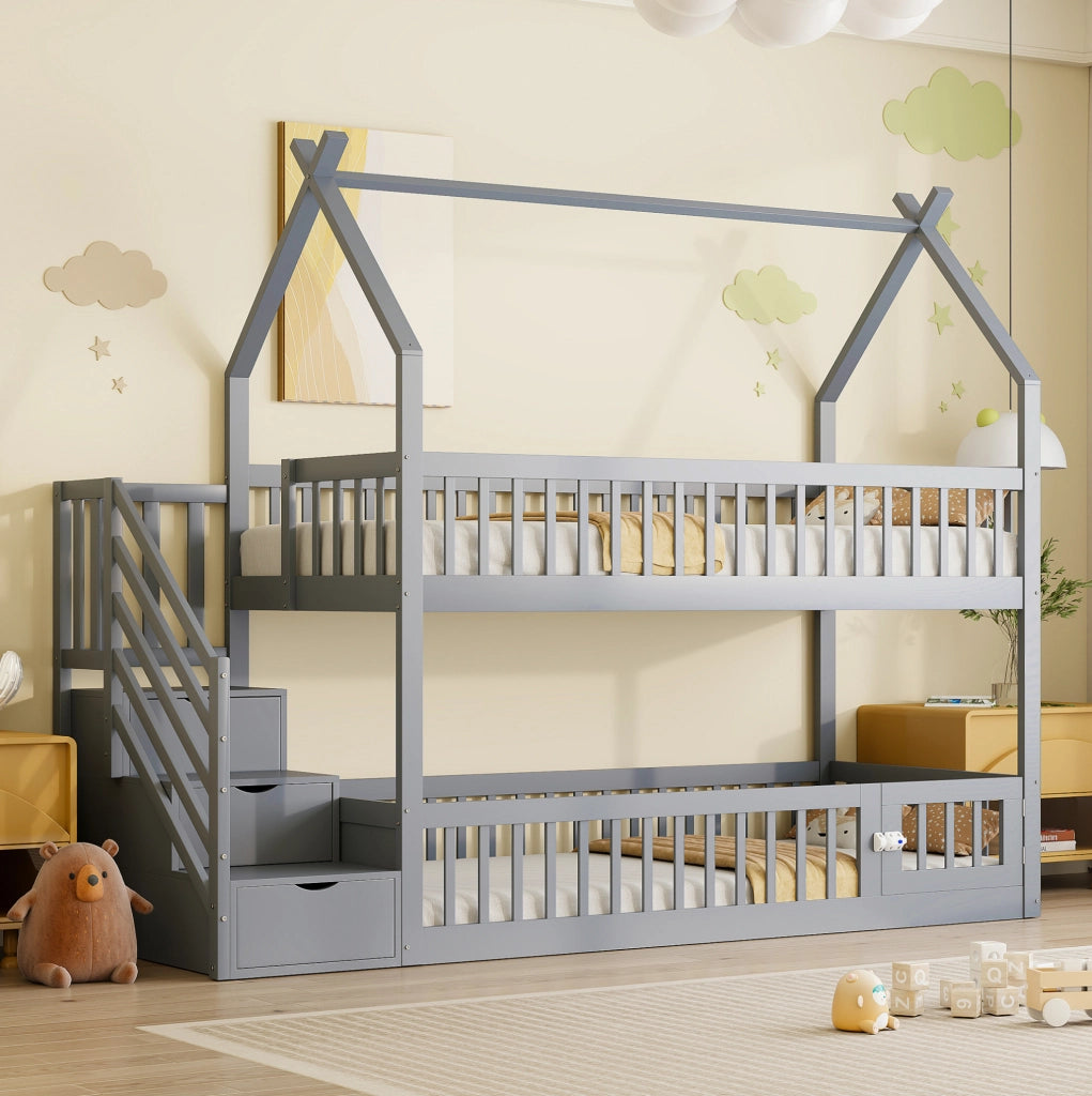 Letto a castello per bambini 90x200 cm in legno massello di pino; con scala; cassetti e finitura grigia