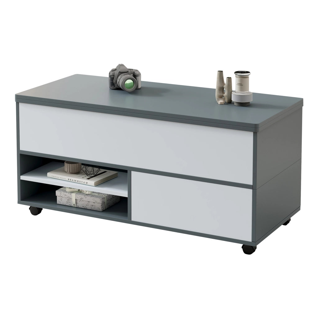 Tavolino Da Caffè Sollevabile con 1 Cassetto e 1 Armadio; Piani Idraulici; con Ruote; Stile Moderno; in Pannello Truciolare; Grigio E Bianco; 100×98×65 cm