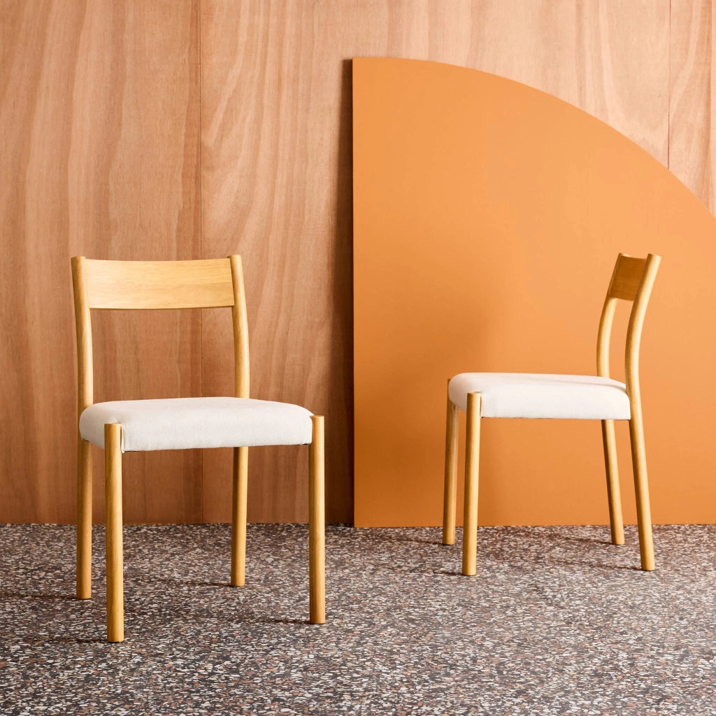 Set 2 sedie bohemien in legno di hevea e tessuto simple, marrone